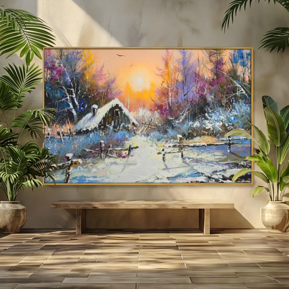 Tablou canvas cu tablou canvas cu peisaj de iarna, in rama de aluminiu auriu